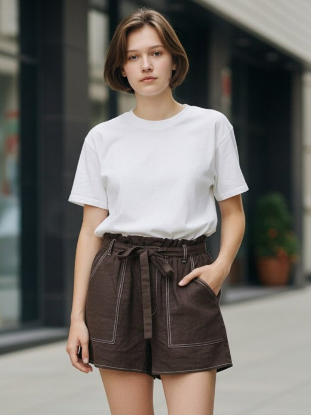 Sienna‎ Sky Brown with White Stitching Casual Short in Size M